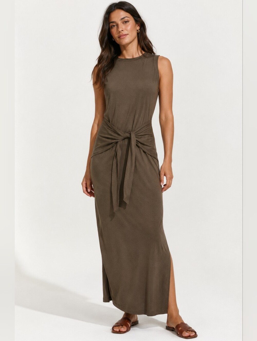 Michael Stars Sleeveless Tie-Front Maxi Dress in Olive Brown